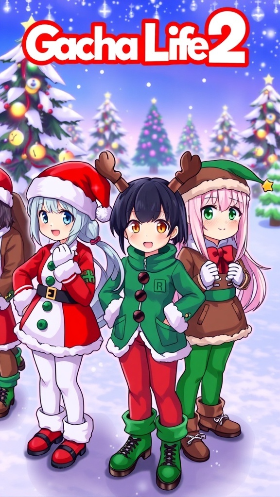 Gacha Life 2 characters in Christmas outfits: Santa, reindeer, snowman, and elf against a snowy background.